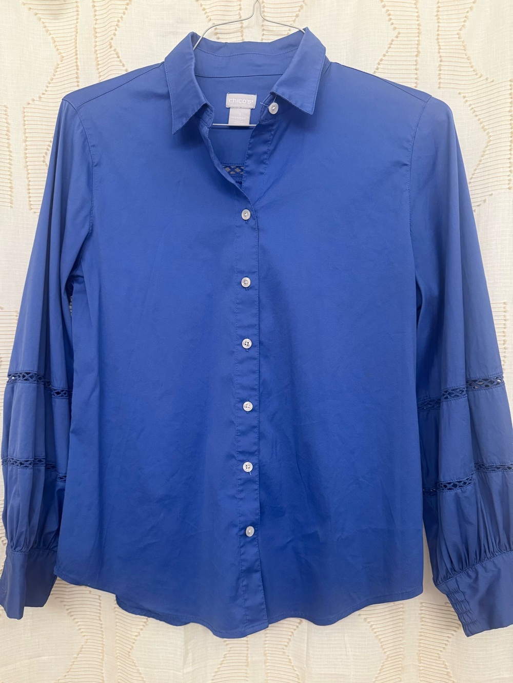 Chico's Royal Blue Button-Down Shirt with Lace-Sleeve Detail